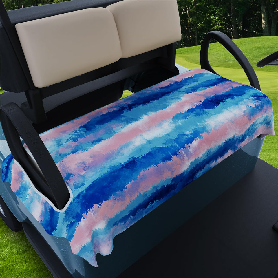 ZOCOZY universal waterproof seat cover on a 55x32 golf cart with blue stripe for all-season protection.