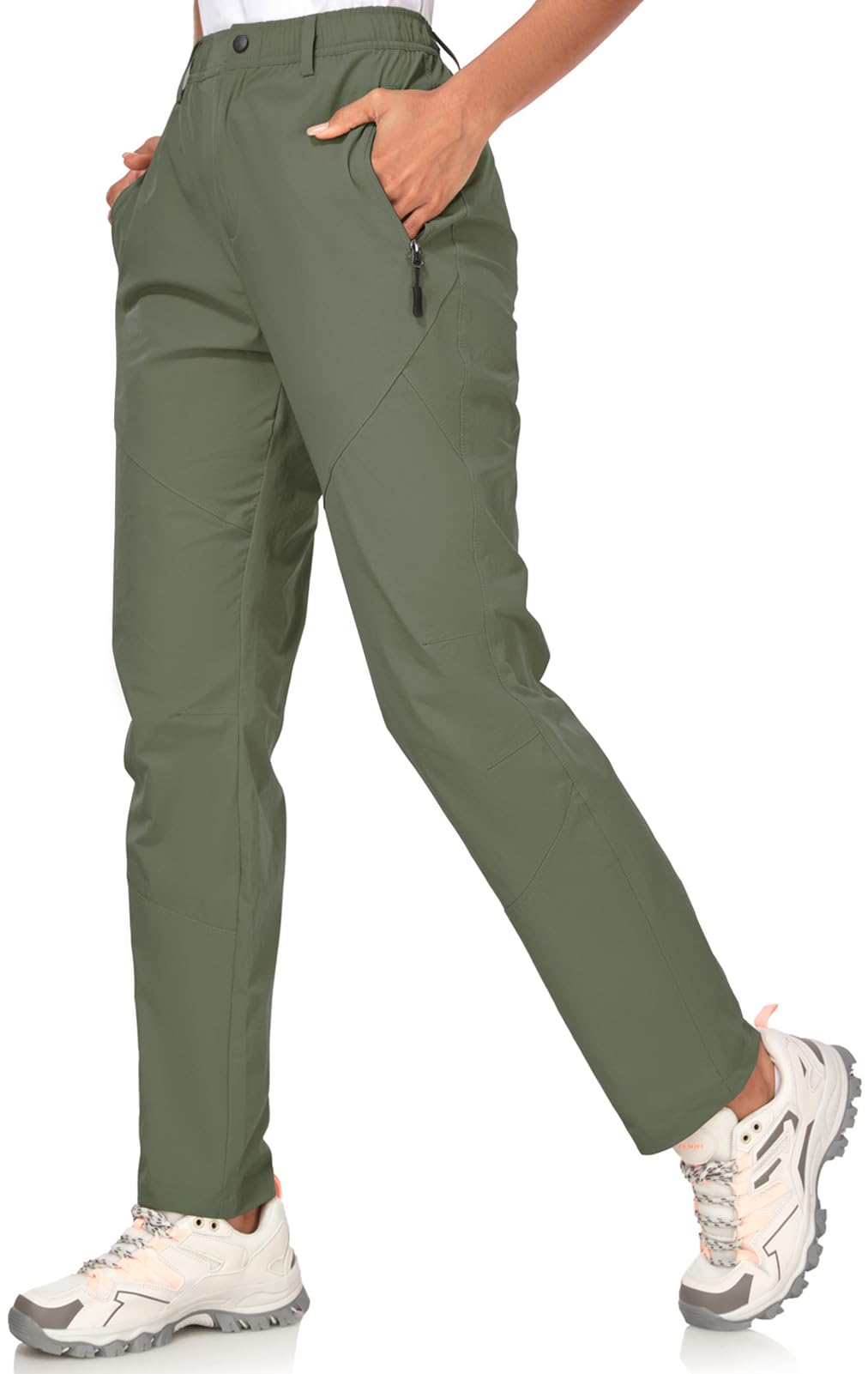 Zooxing Women's Golf Pants Army Green zipper pocket closeup, durable zipper for secure items.