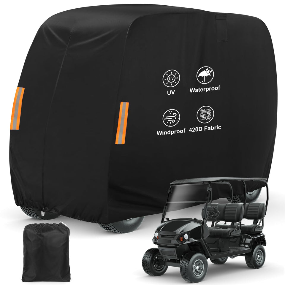 ZOTUEN four-passenger golf cart cover, front view, protects against rain.