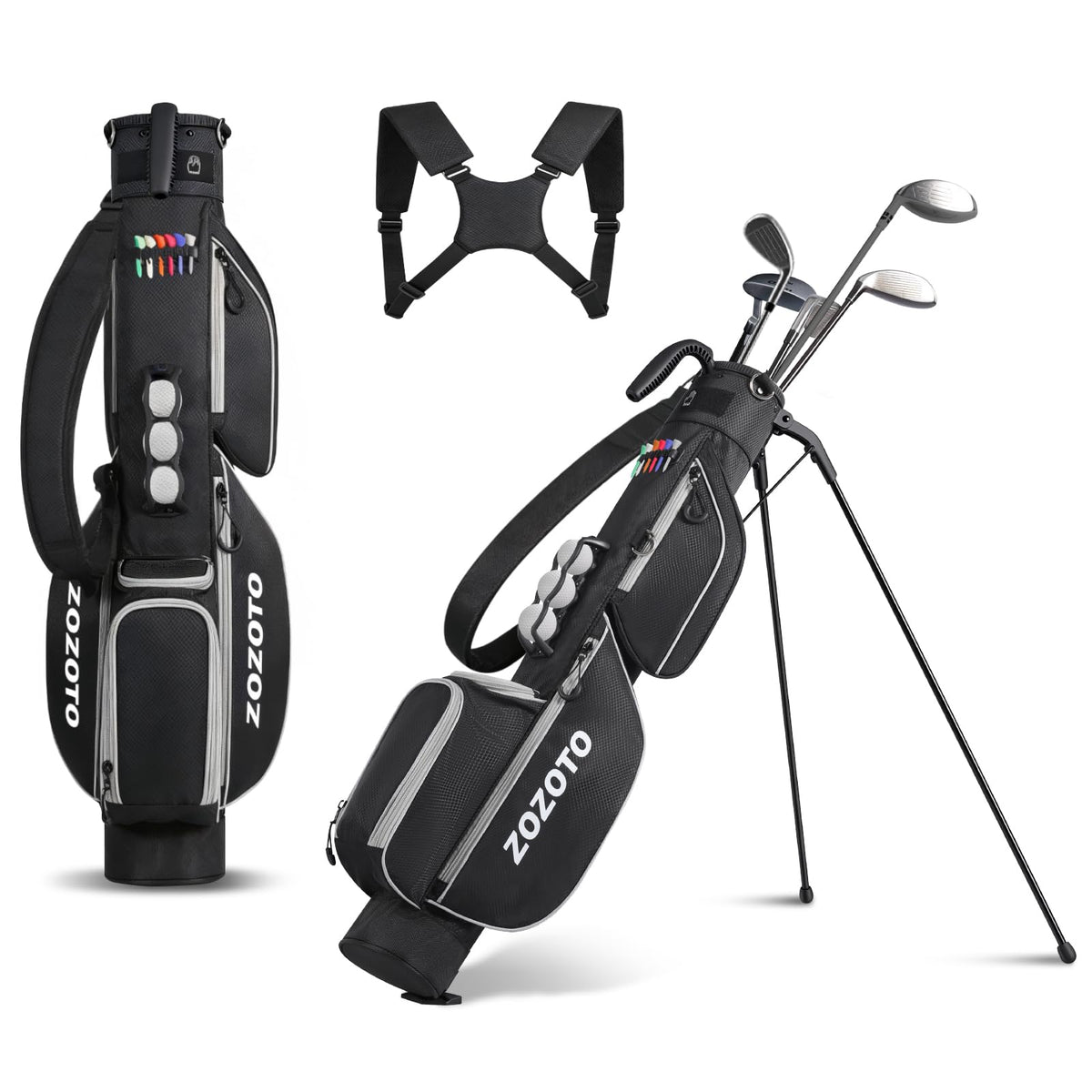 ZOZOTO golf stand bag at practice range, upright and ready for use