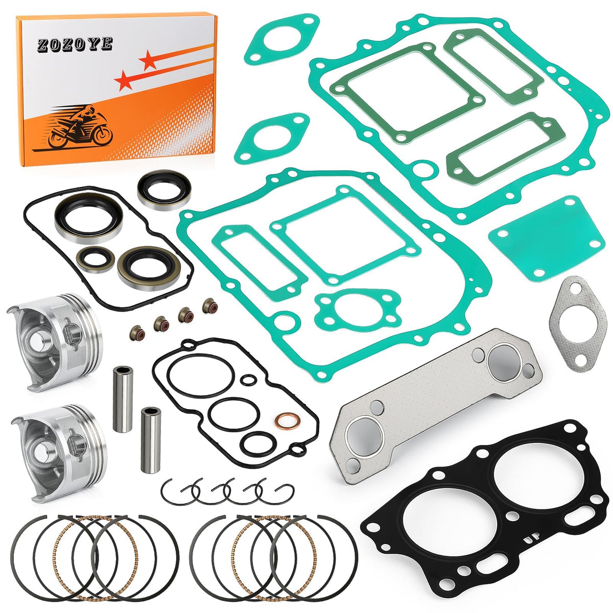 Zozoye EZGO Fuji Robin top end kit package shows included parts for a complete rebuild.