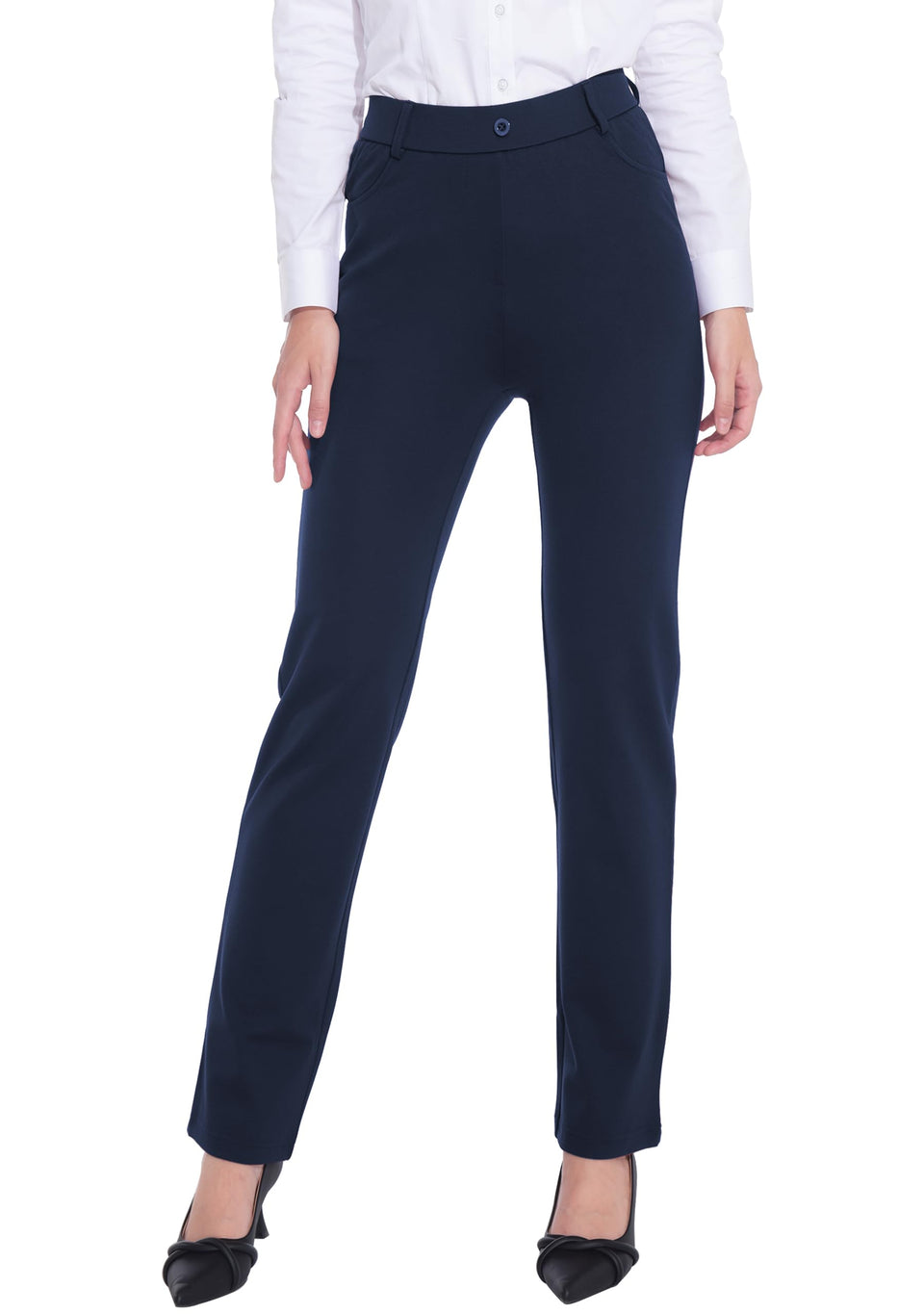 ZTN women's navy dress pants front view with four pockets.