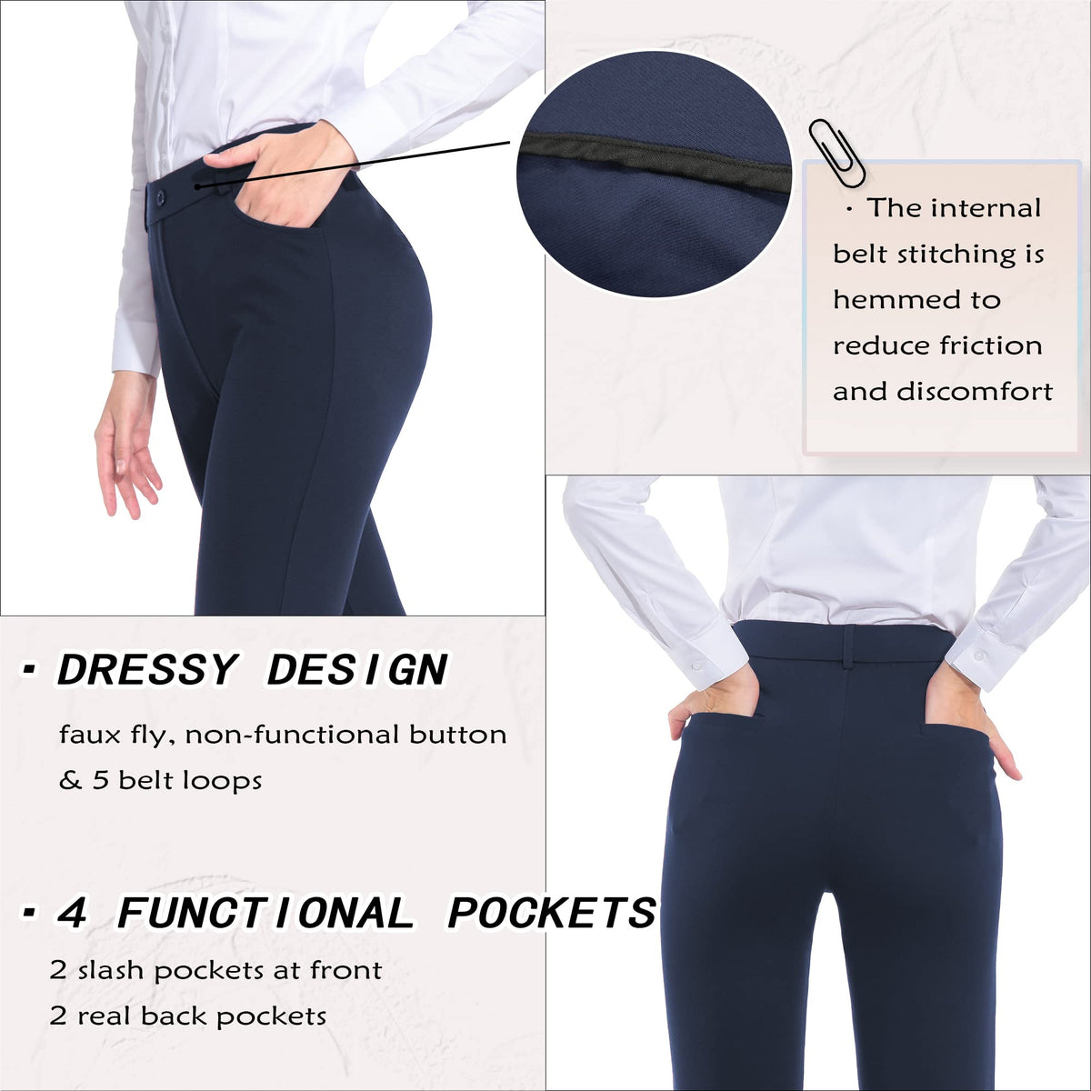 ZTN navy dress pants rear pockets for secure storage.