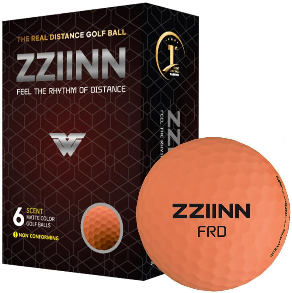 ZZIINN matte orange golf ball demonstrates extreme distance and reduced glare.
